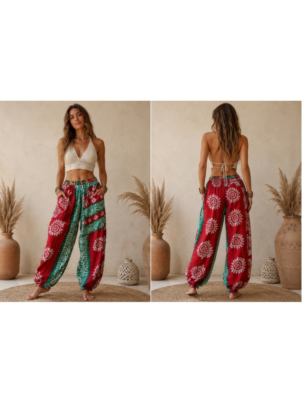 Bohemian Kantha Quilt Reversible Harem Pants / Wide Leg Culottes Pockets OSFM